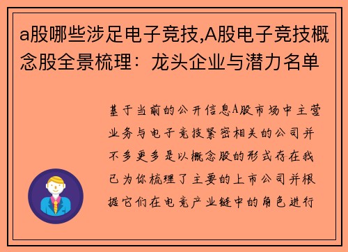 a股哪些涉足电子竞技,A股电子竞技概念股全景梳理：龙头企业与潜力名单一览