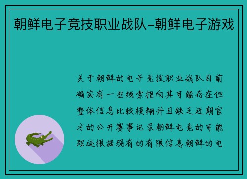 朝鲜电子竞技职业战队-朝鲜电子游戏